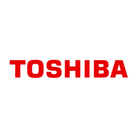 Toshiba logga i rött mot vit bakgrund.
